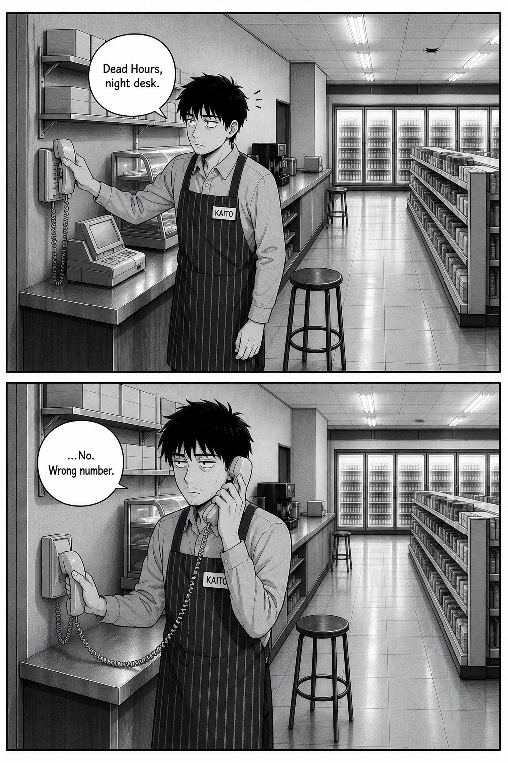 The counter landline rings; Kaito answers it, finds it is a wrong number, and hangs up.
