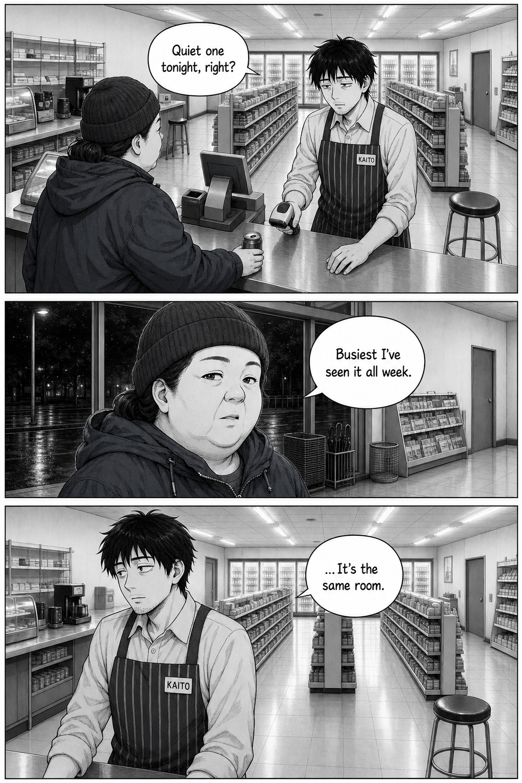 A woman in a windbreaker buys a coffee and calls the night the busiest she's seen; Kaito, alone, notes it is the same room.