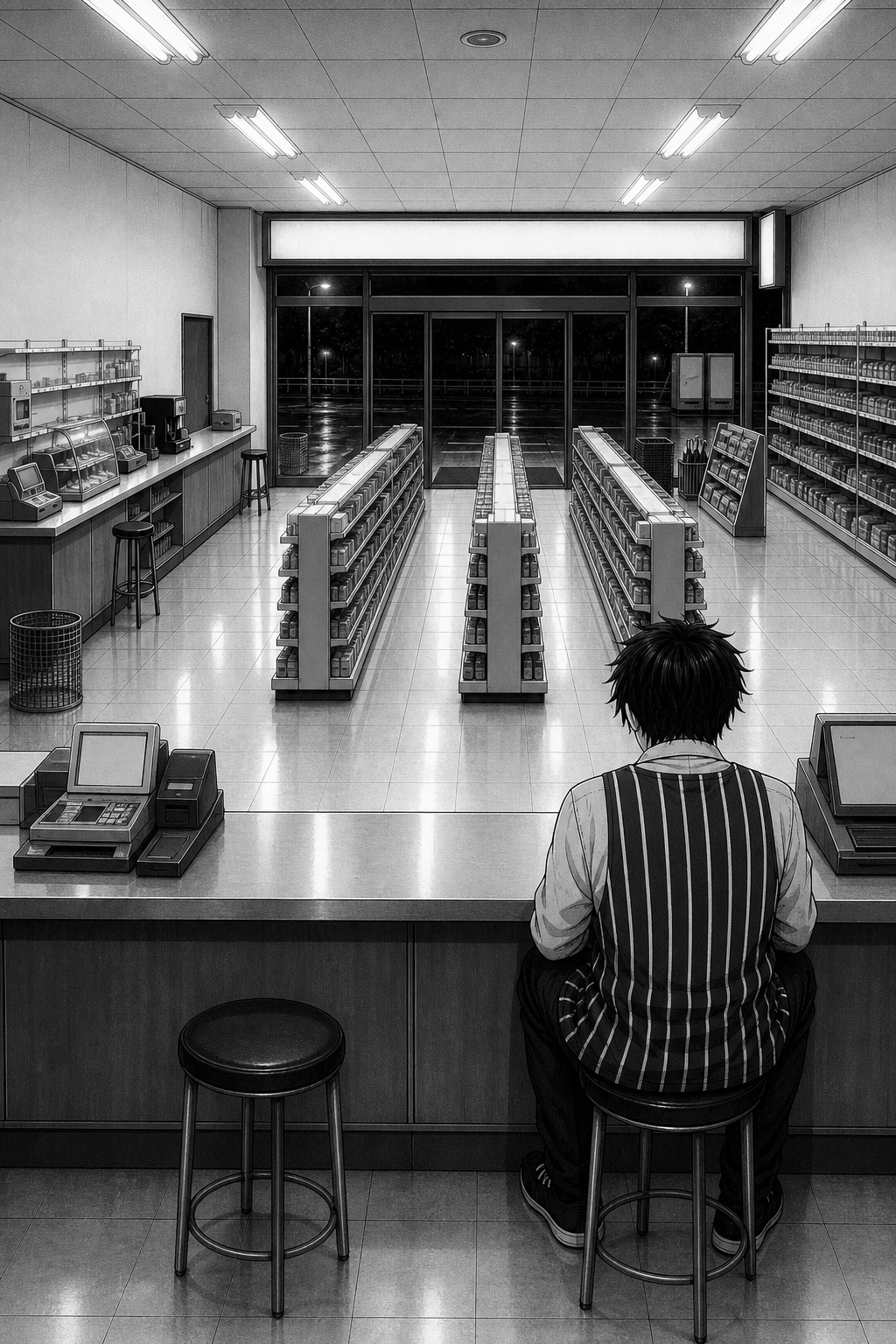 Kaito sits on one stool behind the counter, staring out at the empty store, the register stool empty beside him.