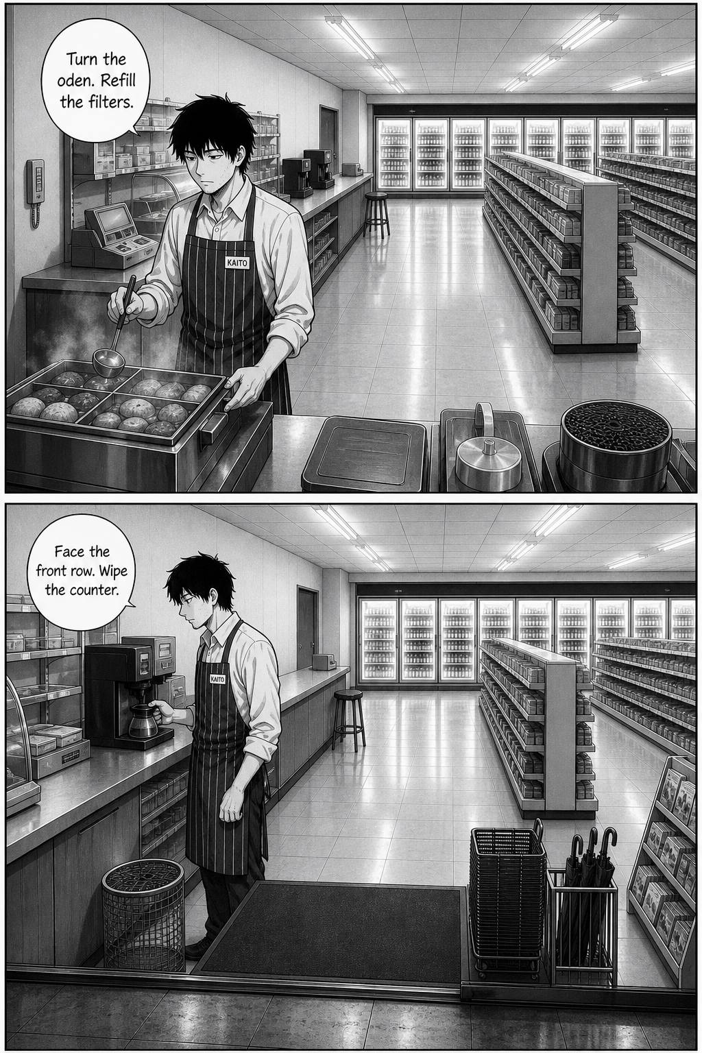 Kaito turns the oden and moves to the coffee machine, quietly narrating his own tasks aloud to the empty store.