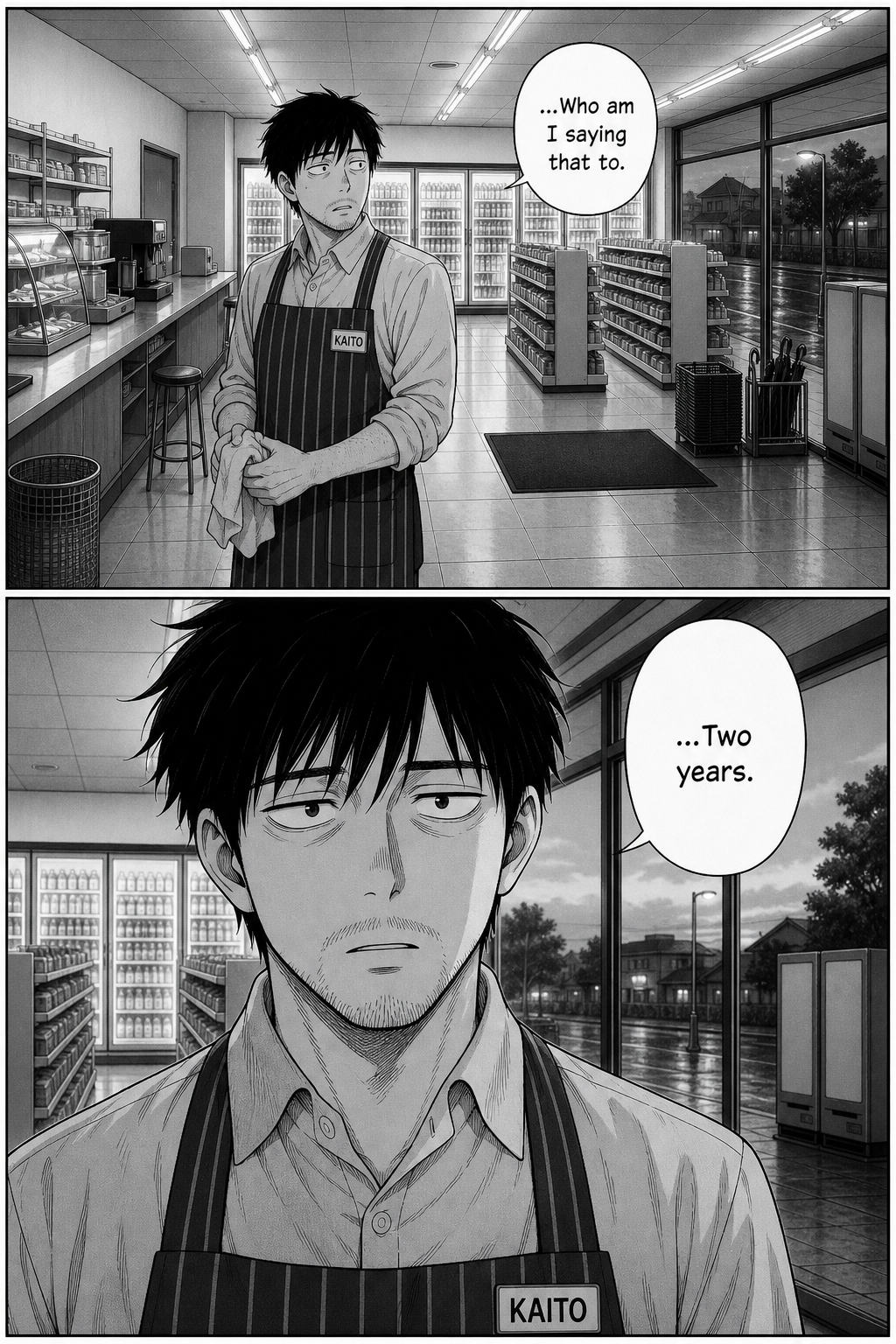 Kaito stops mid-task, suddenly hearing his own voice; a close-up shows the realisation land as the first grey dawn appears.