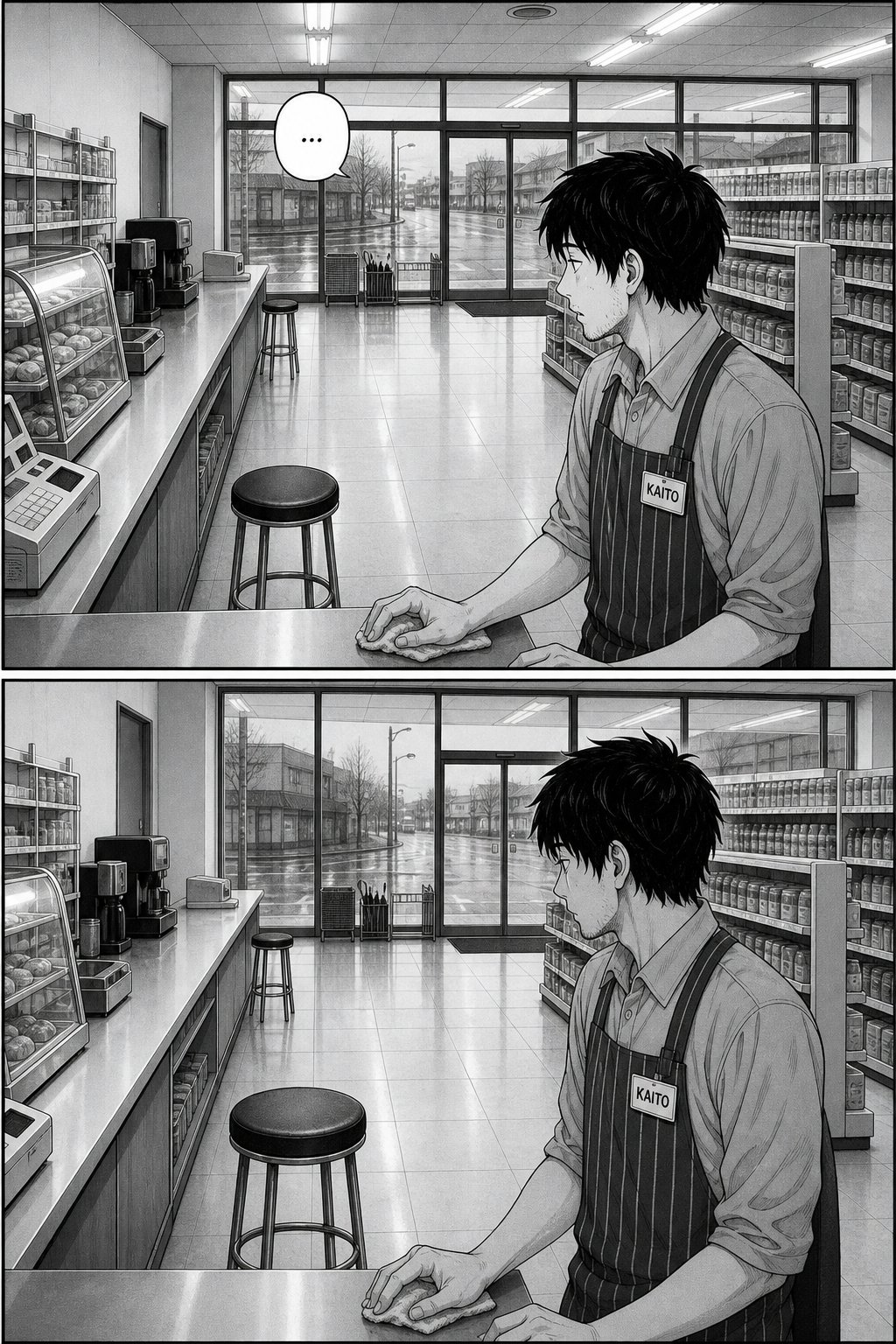 In grey dawn light Kaito half-turns to the empty stool out of habit, opens his mouth, then says nothing at all.