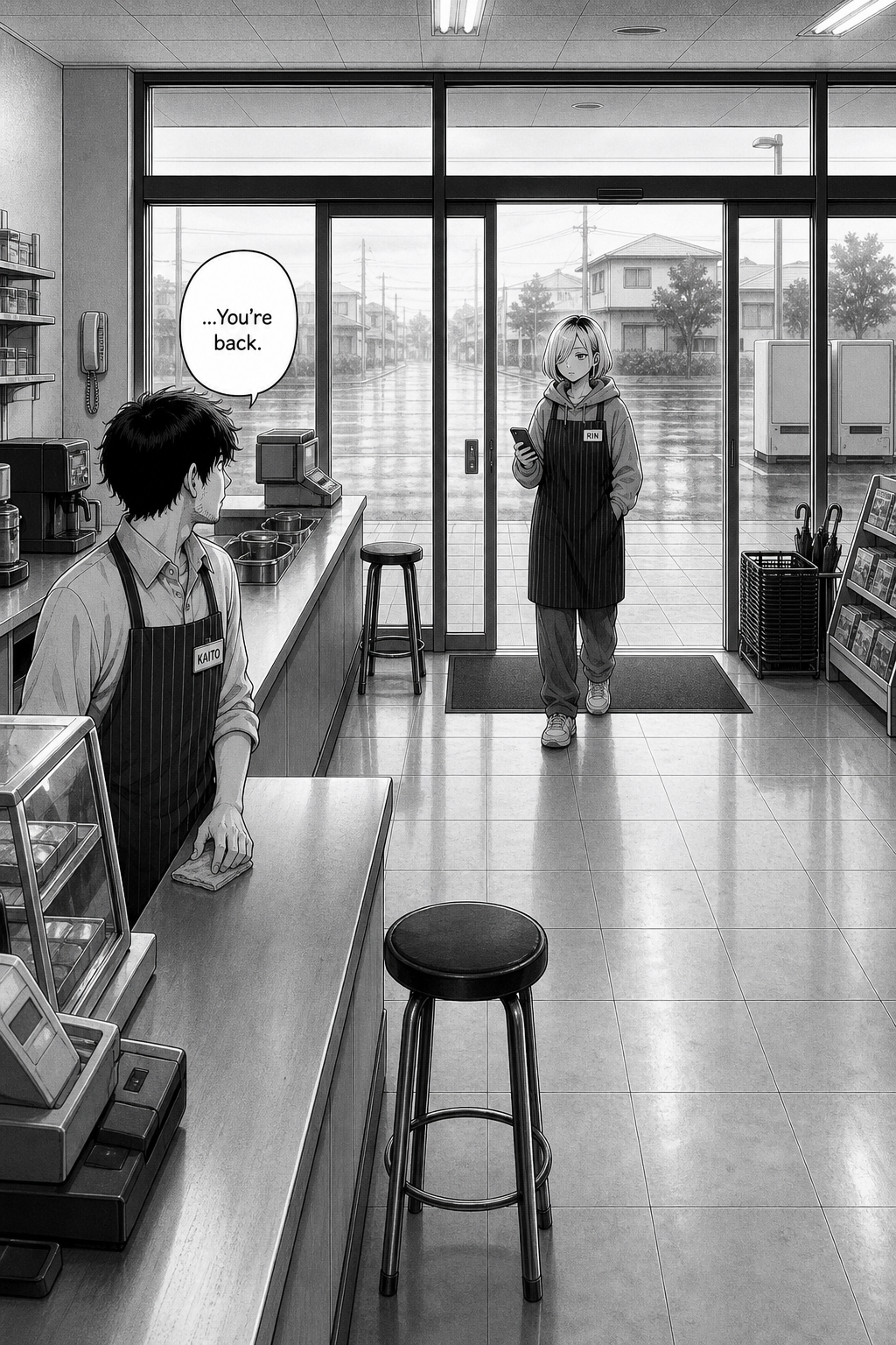 At dawn the sliding doors part and Rin steps in from the pale street, phone in hand; Kaito looks up from the counter.