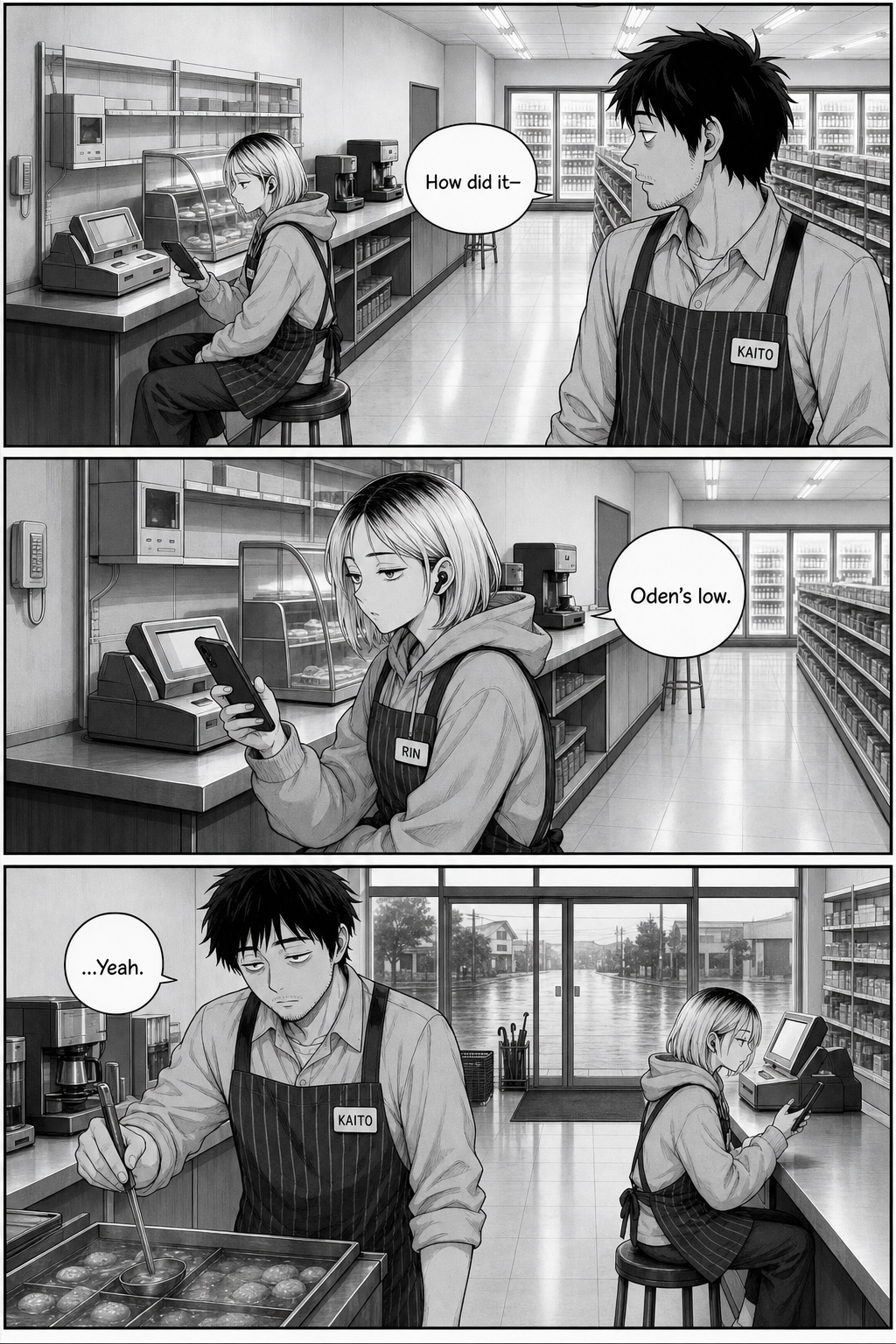 Rin sits back on her stool and checks her phone; when Kaito starts to ask about her meeting she cuts him off about the oden, and he lets it go.