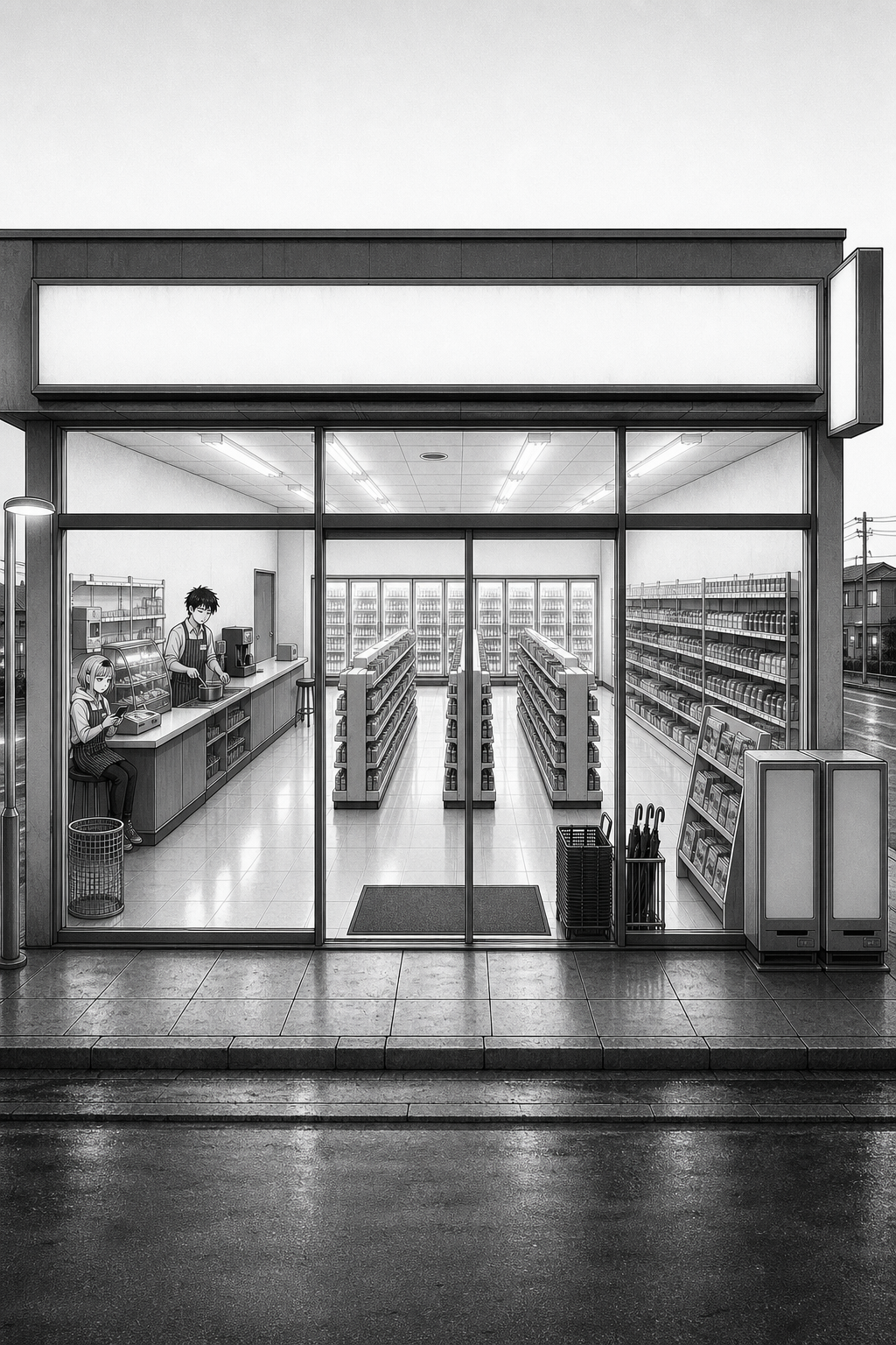 The final panel repeats the opening store-front angle, now in grey dawn, with Rin occupying the register stool that was empty all night.