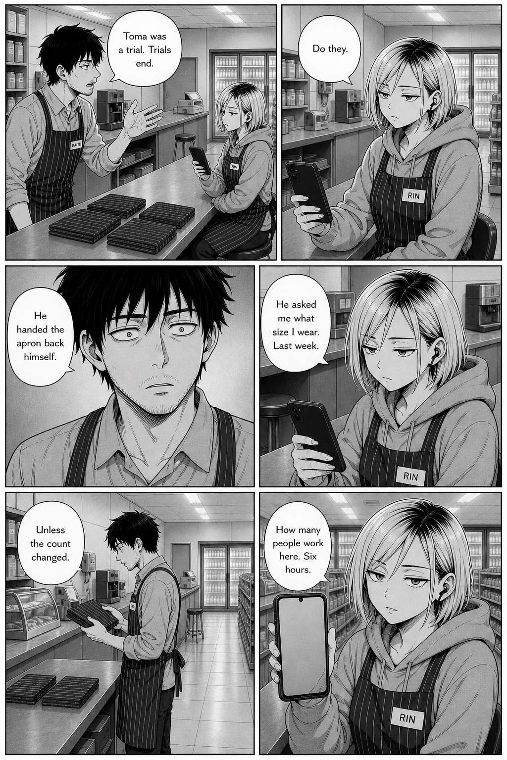 Six panels: Kaito argues that the trial clerk is gone while Rin, unbothered, mentions Toma asked her what size she wears. Kaito does not hear it and keeps pacing.
