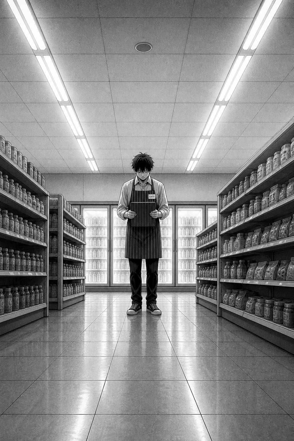 A silent full-page panel: Kaito stands alone in the middle aisle holding a folded apron against his chest, small in the frame, the lit coolers glowing behind him.
