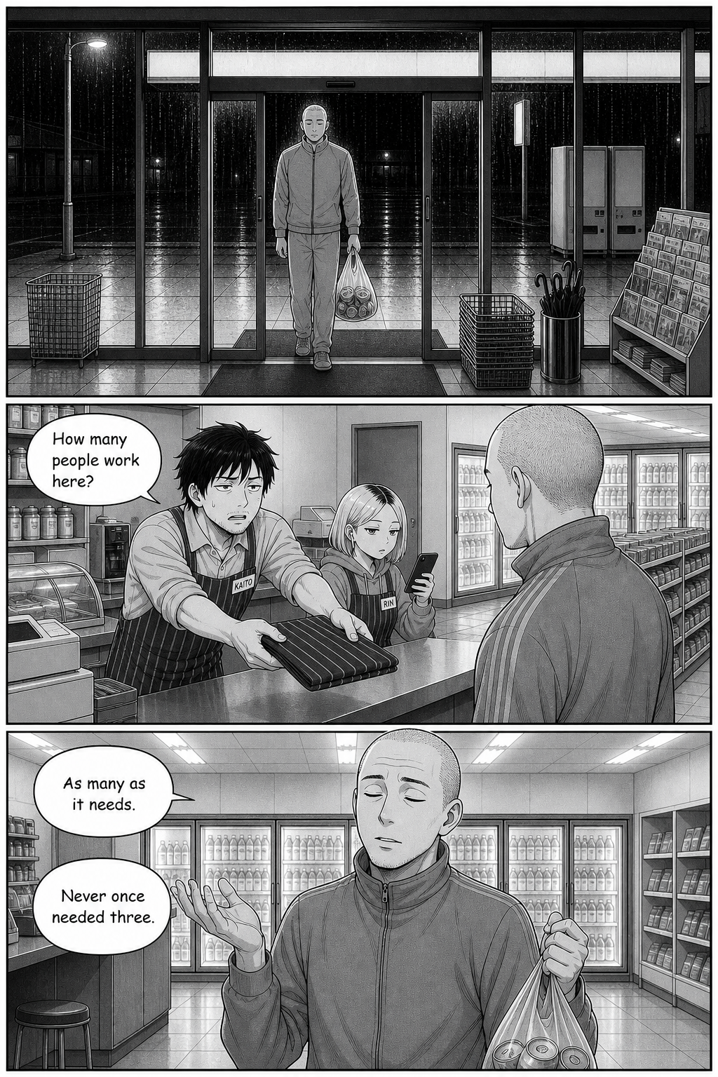 Three panels: the tracksuit regular comes in from the rain with his bag of cans. Kaito holds a folded apron out and asks how many people work here. The man shrugs.