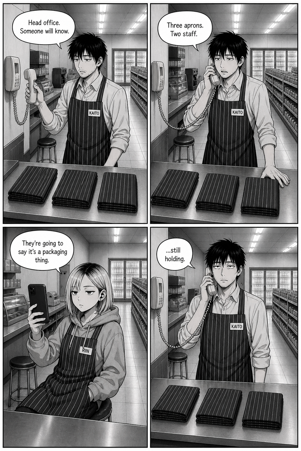 Four panels: Kaito calls head office on the beige landline to report three aprons and two staff, and is left waiting on hold, three folded aprons in a row on the counter.