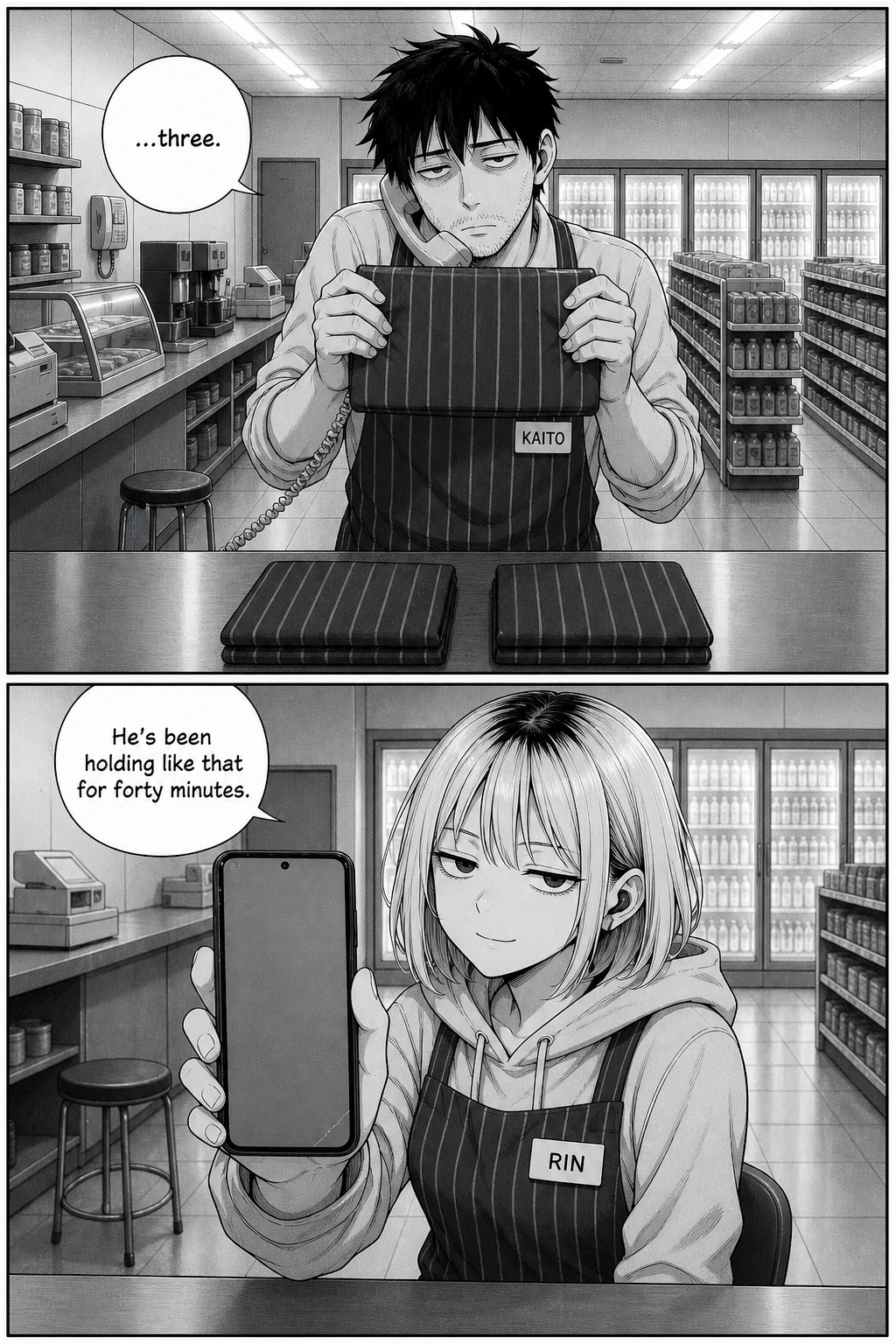 Two panels: Kaito holds the folded apron up at eye level again with the phone handset trapped on his shoulder. Rin films him and notes he has been like that for forty minutes.