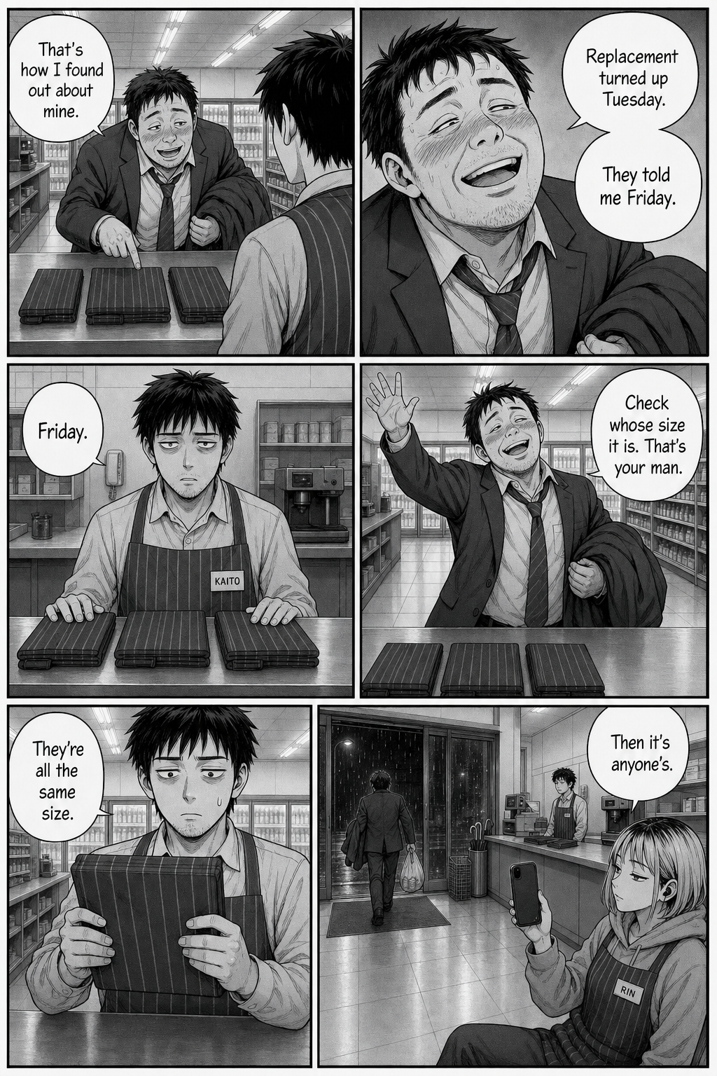 Six panels: a drunk salaryman insists a replacement always turns up before the announcement and tells Kaito to check whose size the apron is. They are all the same size.