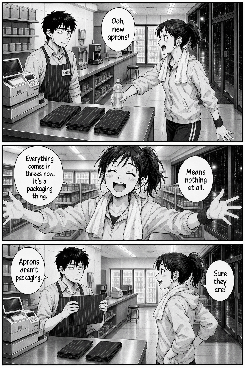 Three panels: a cheerful jogger insists everything comes in threes now and that it is just a packaging thing. Kaito holds an apron up and says aprons are not packaging.