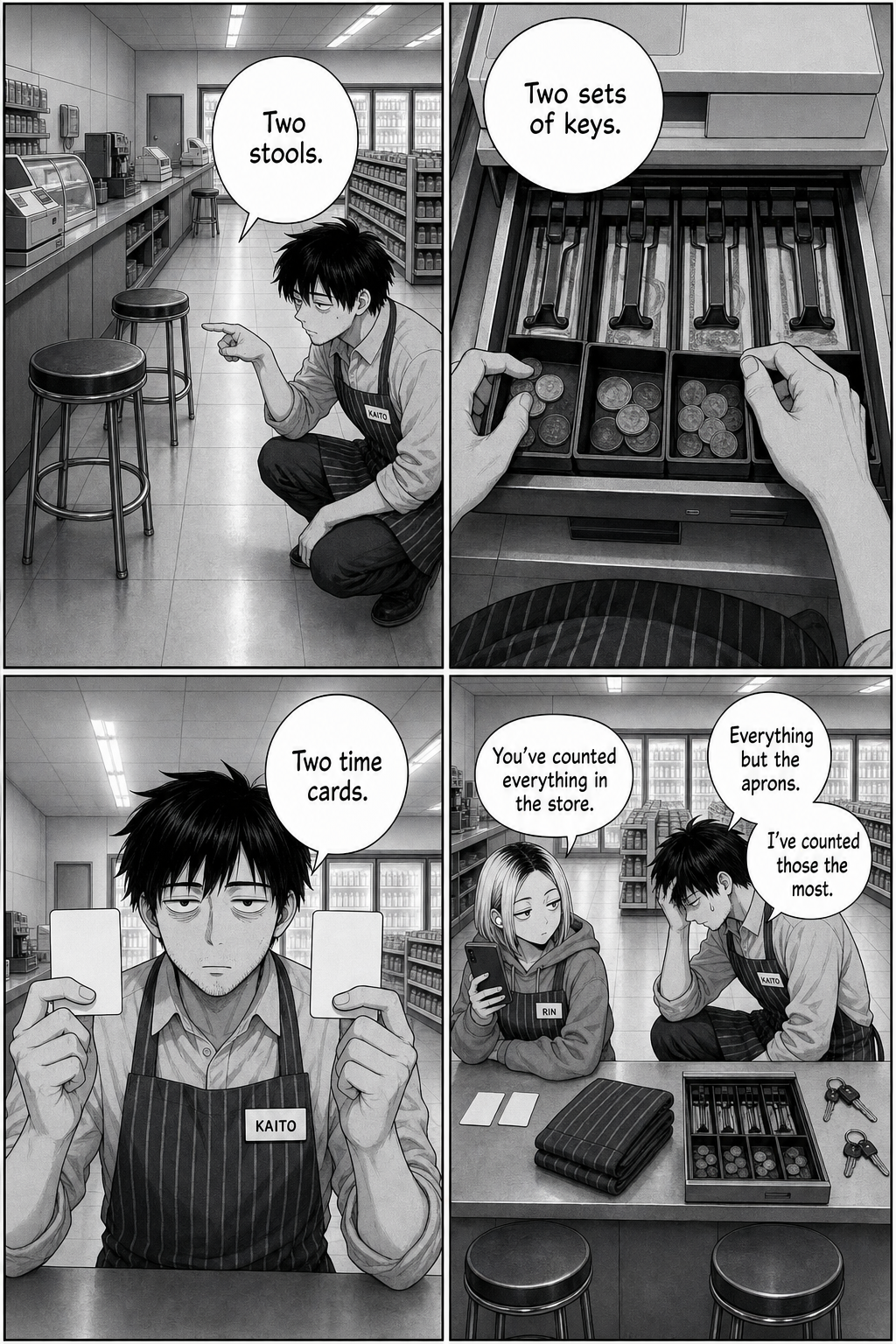 Four panels: Kaito counts the two stools, the register drawer, and two blank time cards. Rin points out he has counted everything in the store.