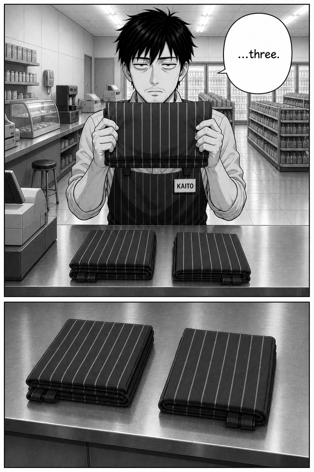 Two panels: Kaito holds the folded apron up at eye level a third time, more hollow than before. Then a silent close-up of the two remaining folded aprons on the counter.