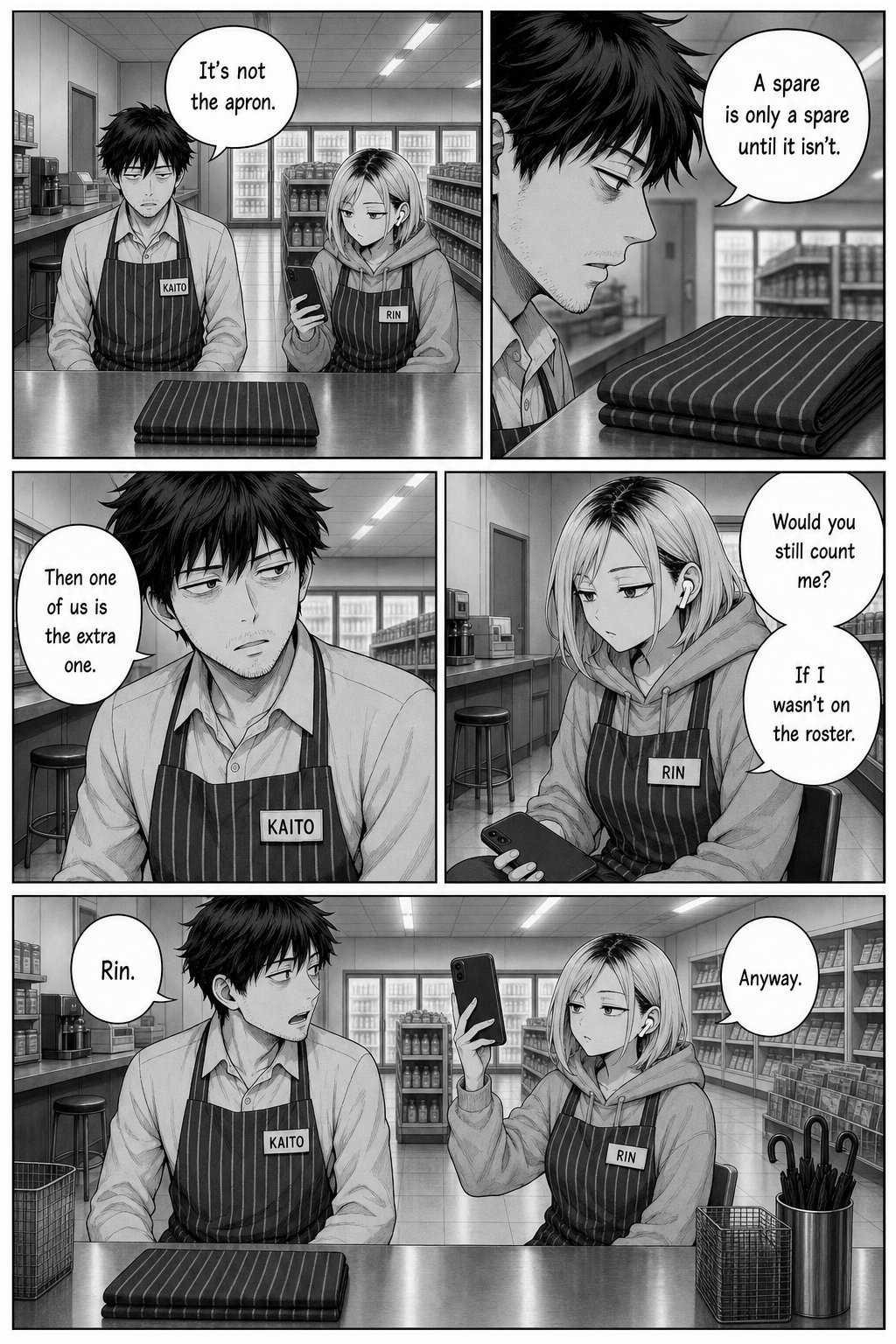 Five panels: Kaito admits it is not about the apron but about one of them becoming the extra one. Rin, not looking up, asks whether he would still count her if she were not on the roster.