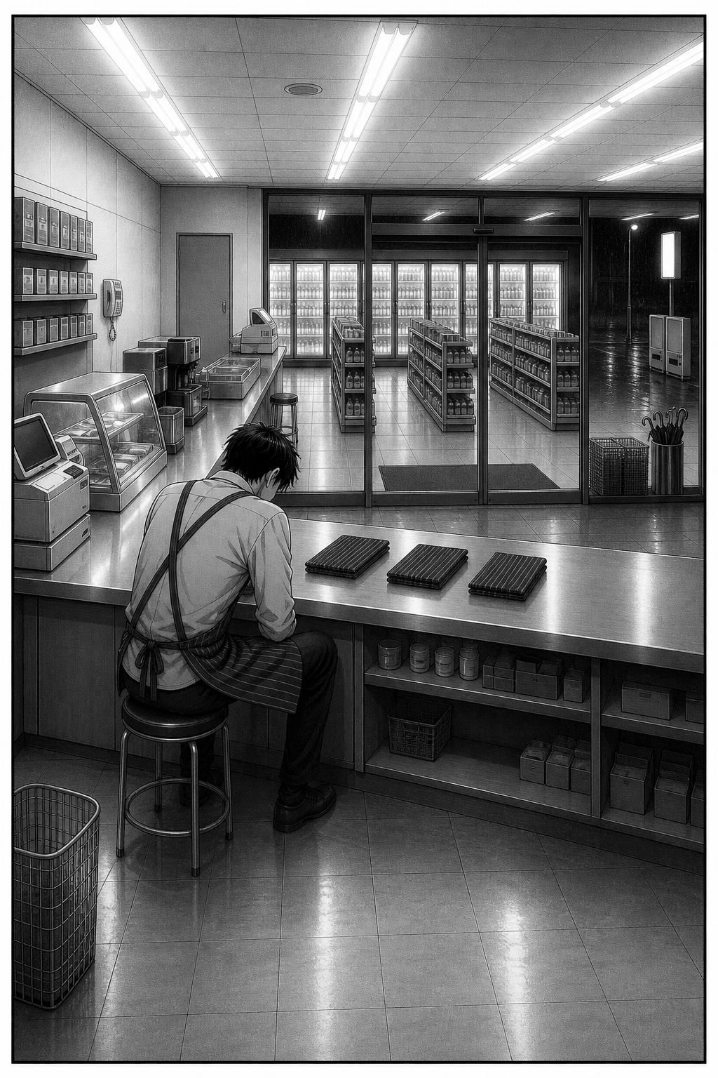 A silent full-page panel: Kaito sits alone at the long counter with three folded aprons in a row in front of him, head down, the coolers glowing behind him.