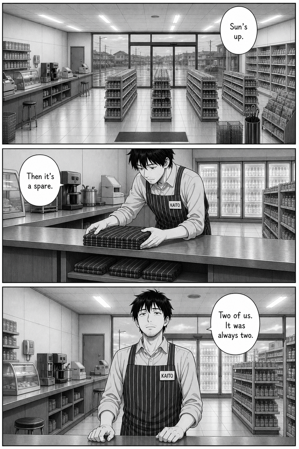 Three panels at dawn: grey light fills the empty store, Kaito slides all three folded aprons onto the under-counter shelf and decides the third one is simply a spare.