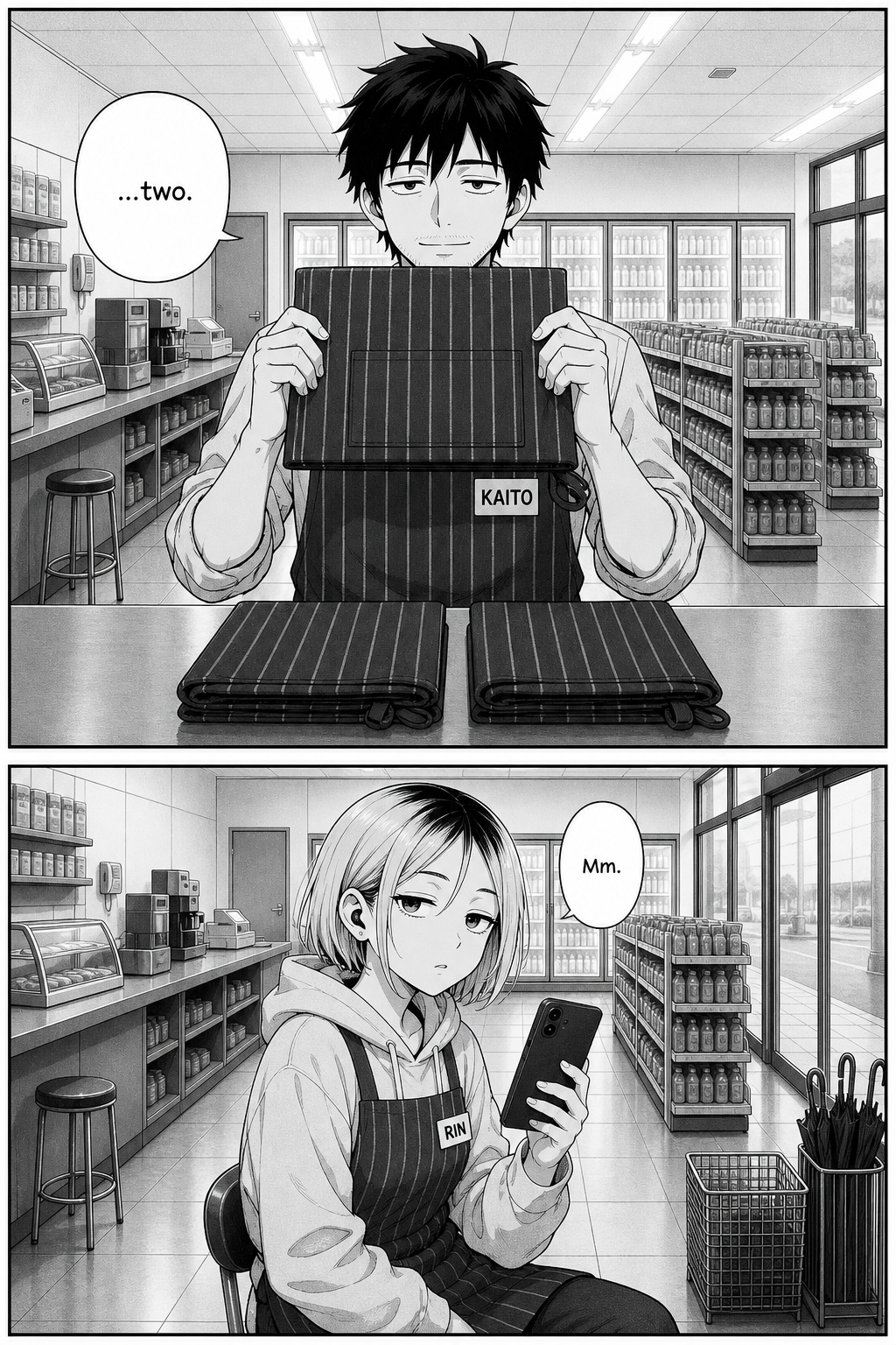 Two panels: the same framing as before, but in dawn light Kaito holds the folded apron up at eye level with a faint calm smile and says two instead of three. Rin gives a flat hum.