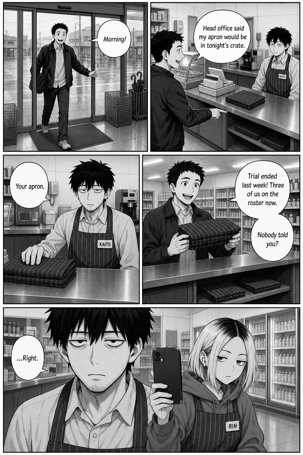 Five panels: Toma arrives in daylight in his own jacket to collect the apron head office told him would be in tonight's crate. His trial ended last week and the roster says three.