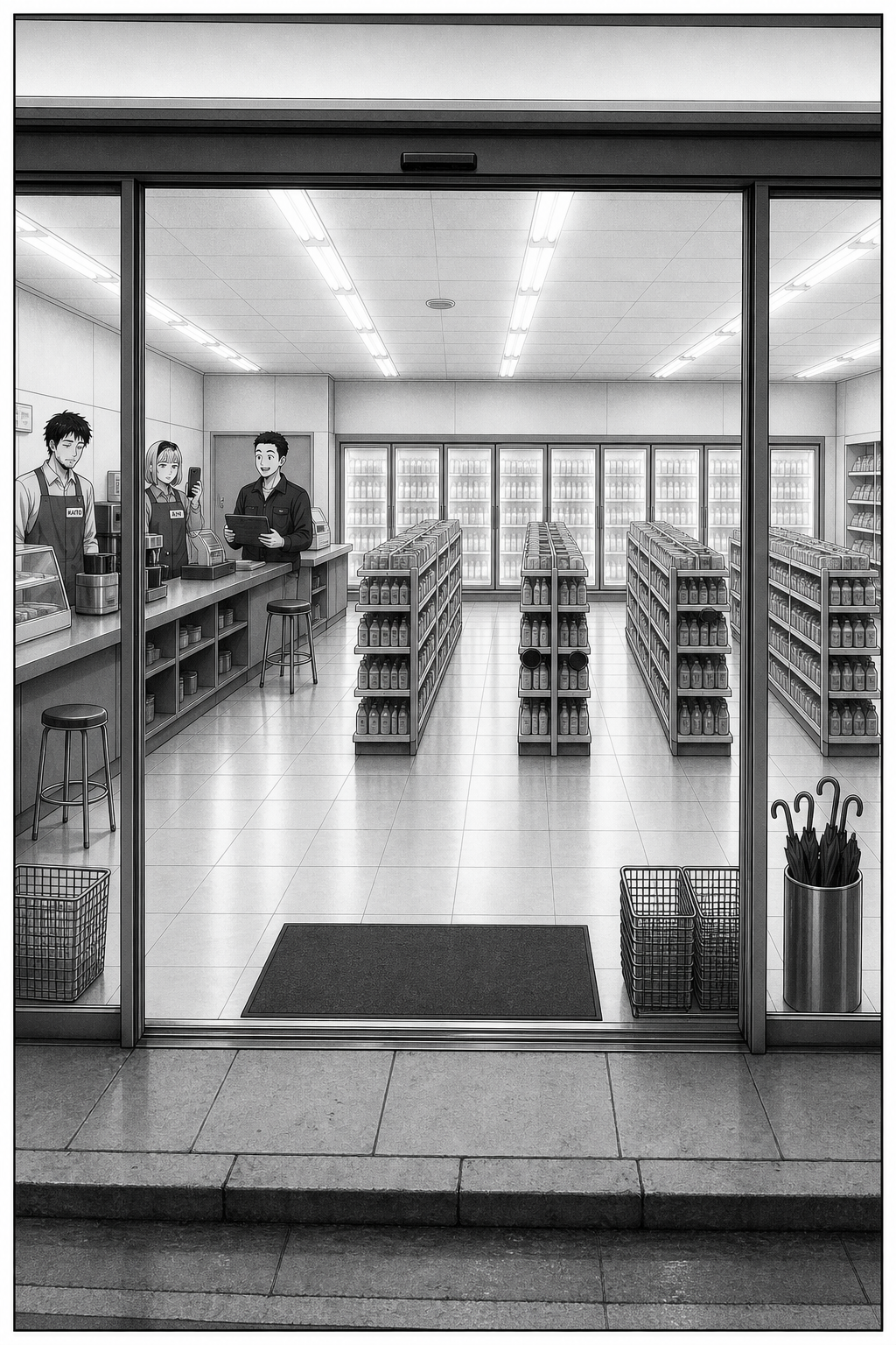 A silent full-page panel in morning daylight, the same view as page one: three people behind the counter now, Toma holding his folded apron, and still only two stools.