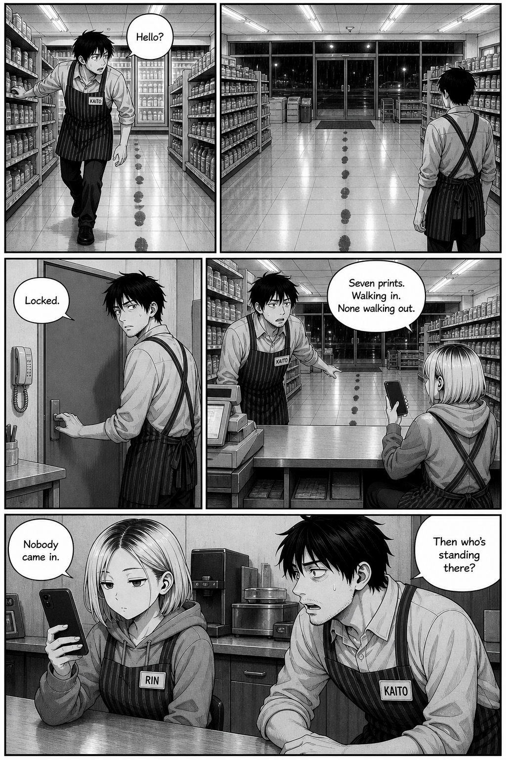 Five panels: Kaito searches the aisles, checks the back of the store and the staff door, finds nobody, and tells Rin the prints walk in but never walk out.