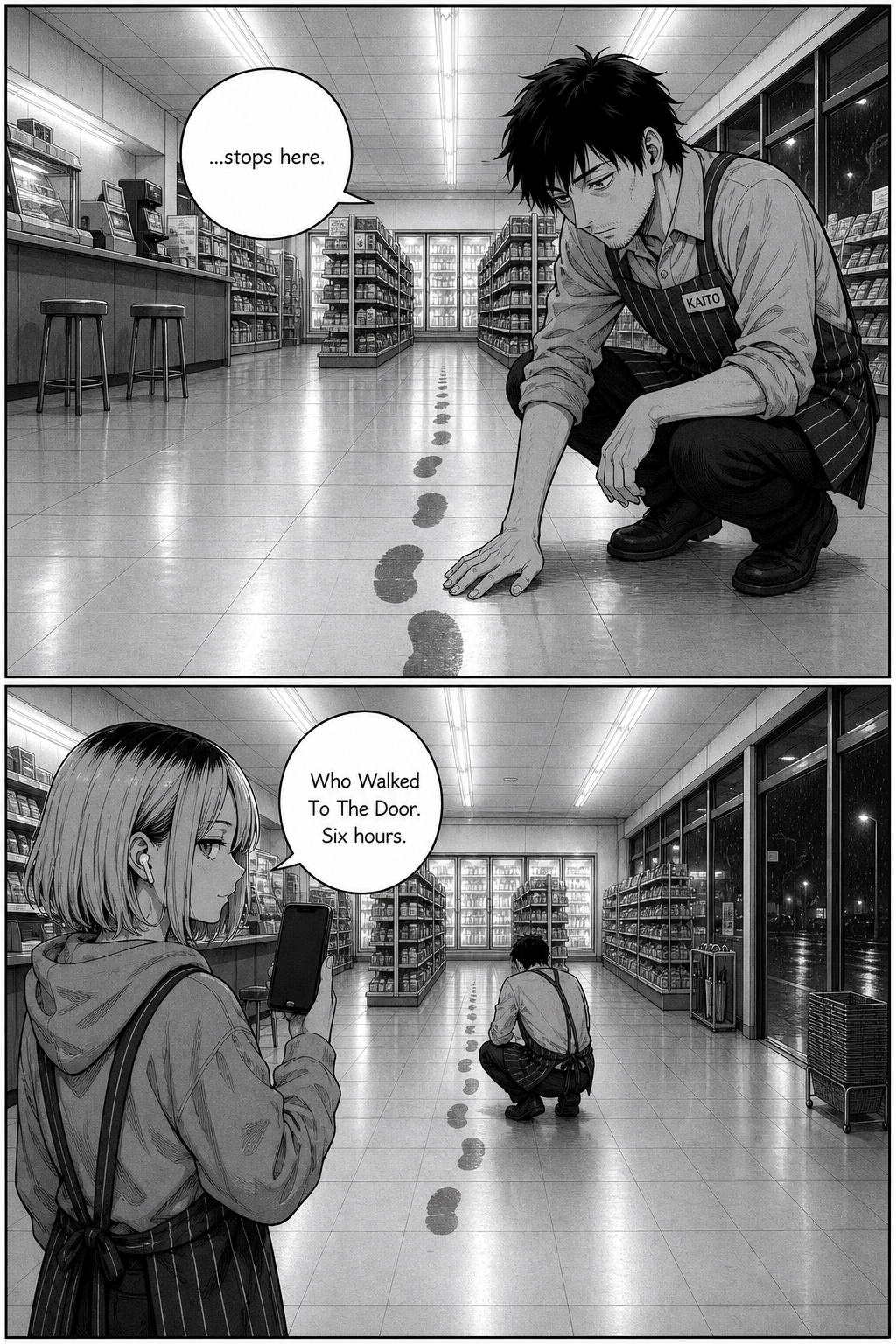 Two panels: Kaito crouches beside the last footprint with one hand flat on the floor, muttering. Rin films his back.