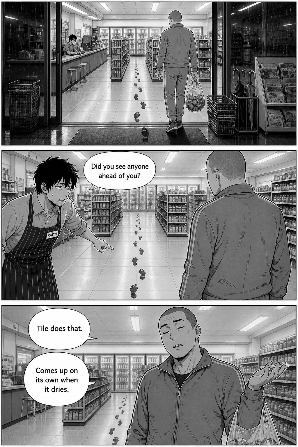 Three panels: the tracksuit regular comes in from the rain with his bag of cans. Kaito asks if he saw anyone ahead of him. The man says the tile does that on its own.