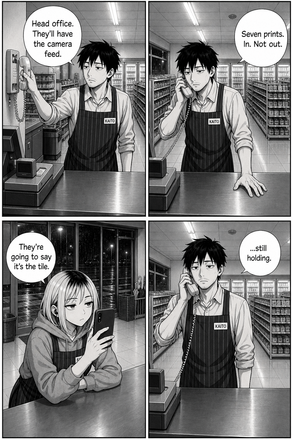 Four panels: Kaito calls head office on the beige landline about prints that come in and never go out, and ends up waiting on hold.