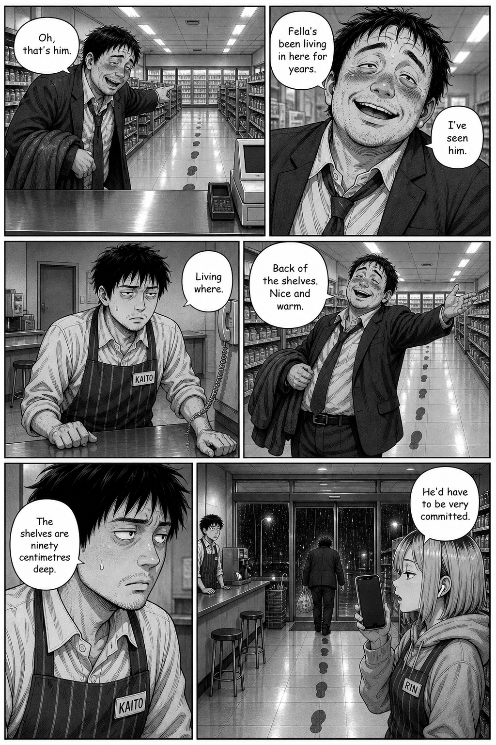 Six panels: a drunk salaryman insists a man has been living behind the shelves for years. Kaito points out the shelves are ninety centimetres deep.