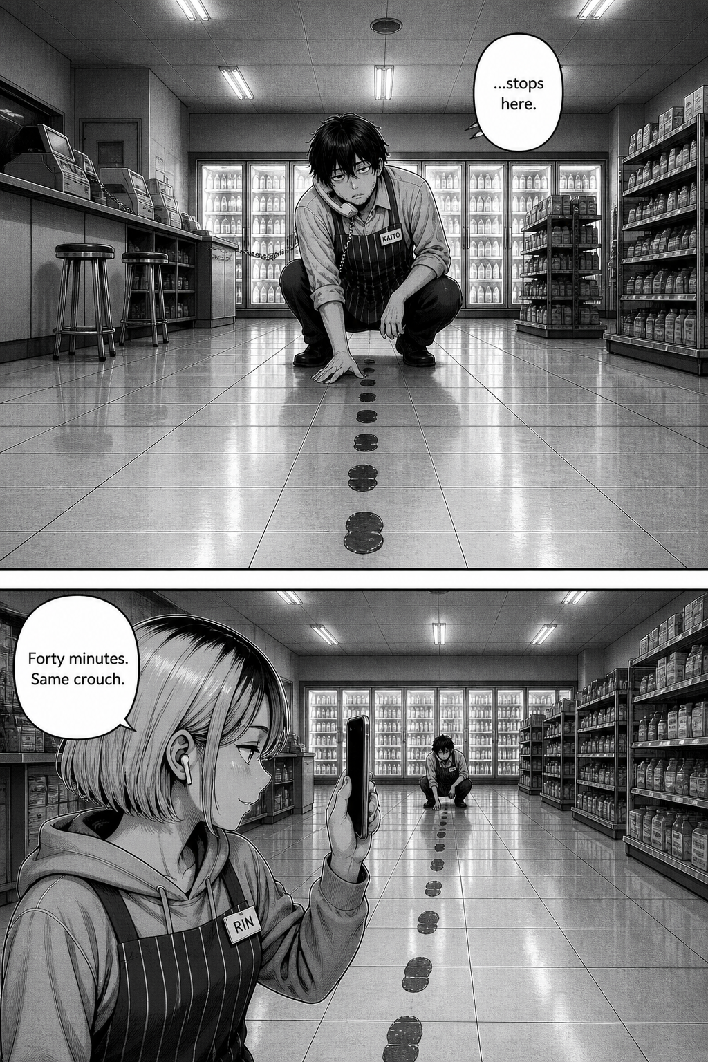 Two panels: Kaito crouches at the last footprint again, the phone handset now trapped on his shoulder. Rin notes he has been in the same crouch for forty minutes.