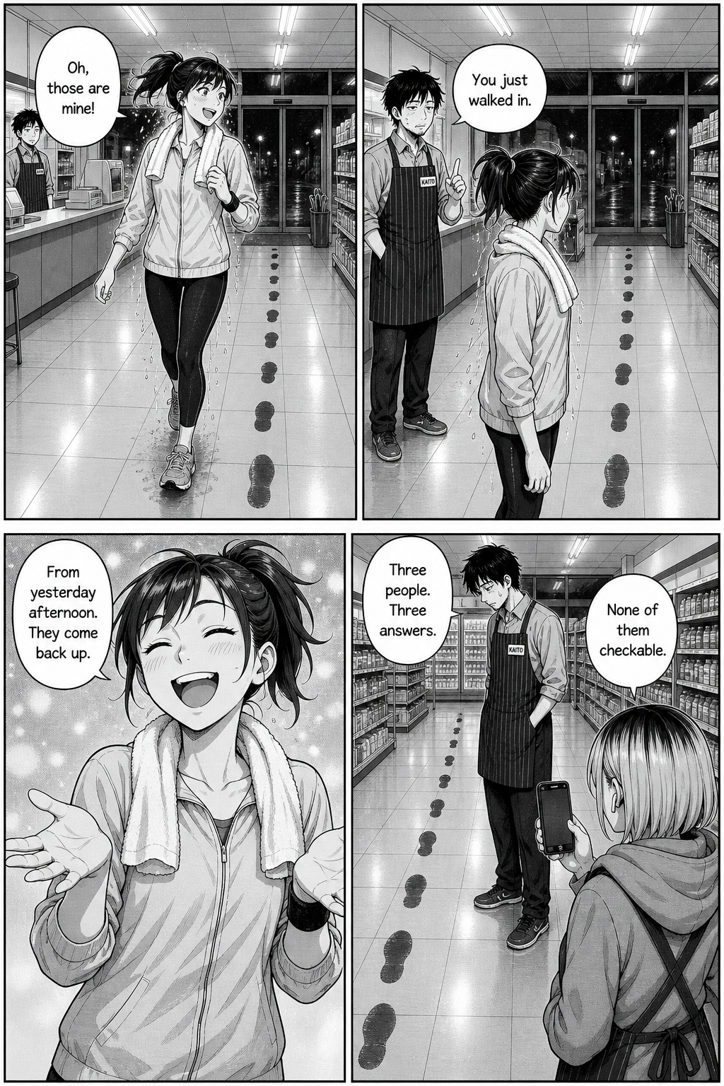 Four panels: a cheerful jogger claims the prints are hers from yesterday afternoon. Kaito points out she has only just walked in.
