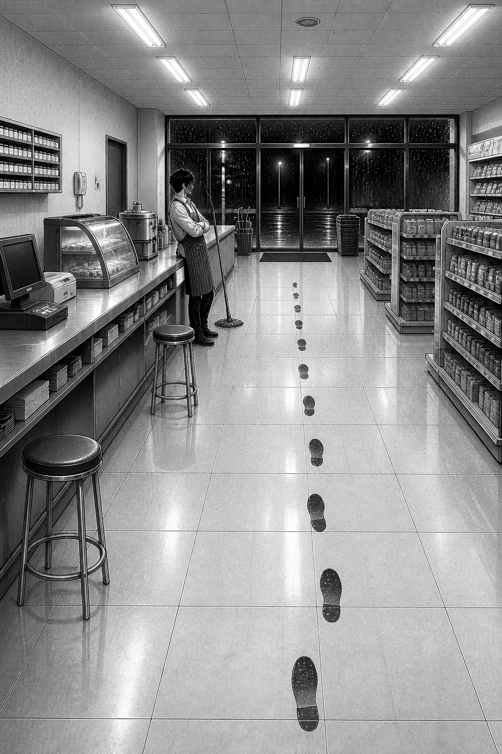 A silent full-page panel: a wide view down the length of the counter with Kaito alone at the far end, the mop beside him, looking toward the middle aisle.