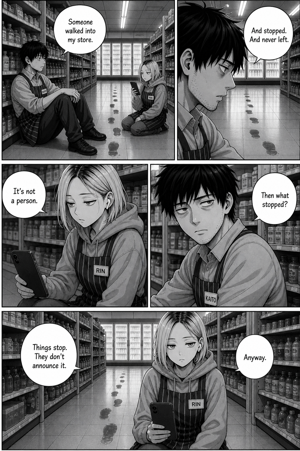 Five panels: sitting on the floor beside the fading prints, Kaito says someone walked in and stopped and never left. Rin says it is not a person, and that things stop without announcing it.