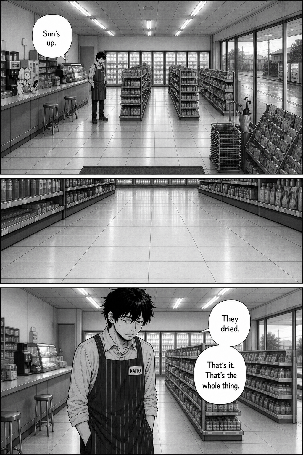 Three panels at dawn: grey light fills the store, the middle aisle floor is completely bare, and Kaito accepts that the prints simply dried.