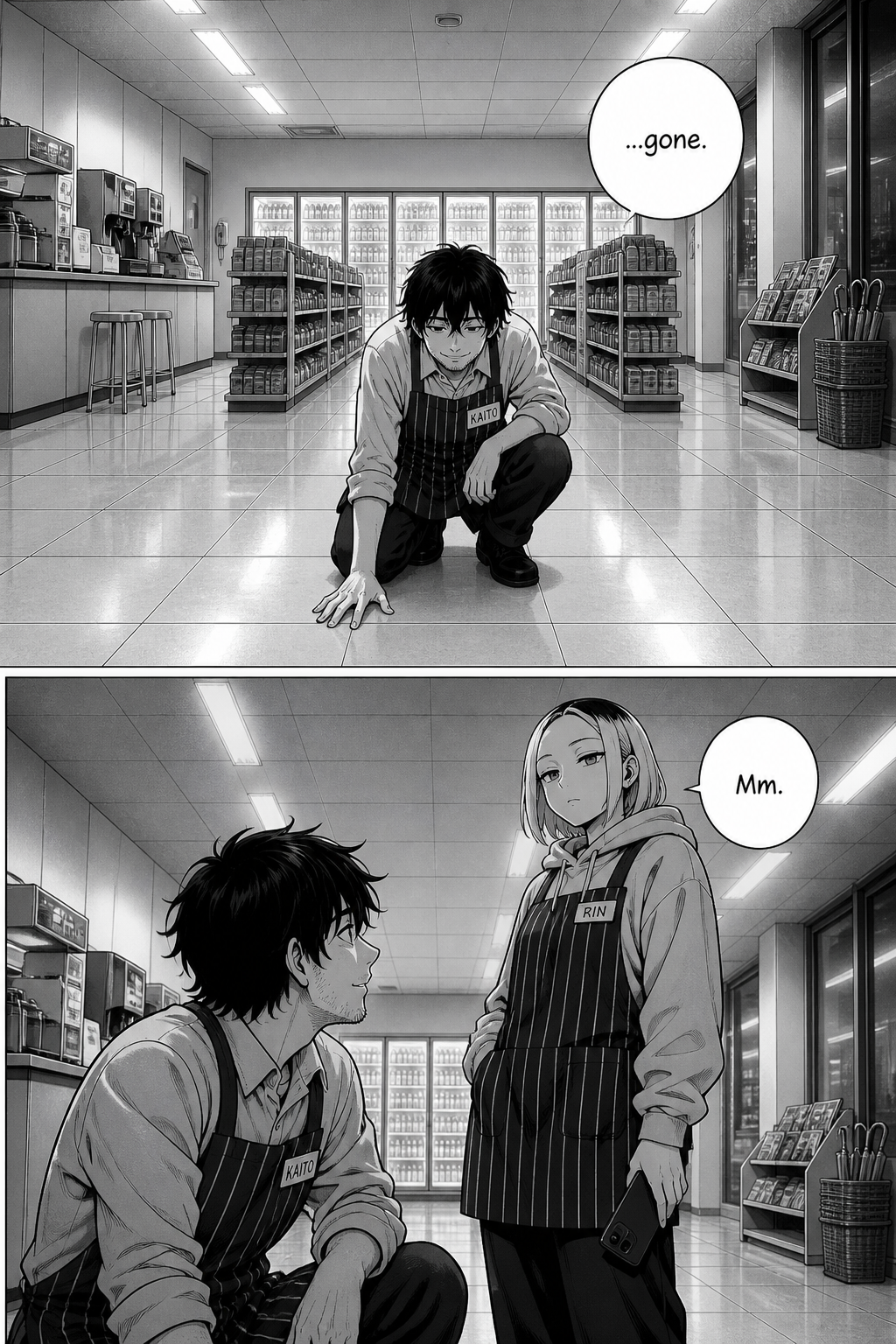 Two panels: the same crouch as before, but in dawn light over a bare clean floor, and Kaito is faintly smiling. Rin watches him.