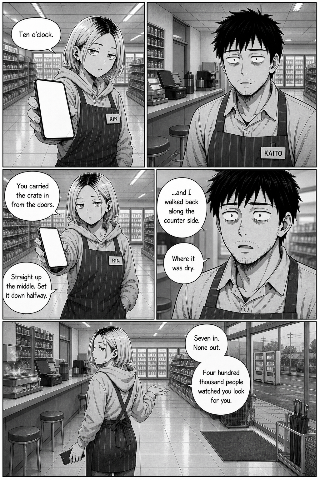 Five panels: Rin holds out her phone and describes the ten o'clock footage. Kaito carried the crate in up the middle and walked back along the dry counter side. The prints were his.