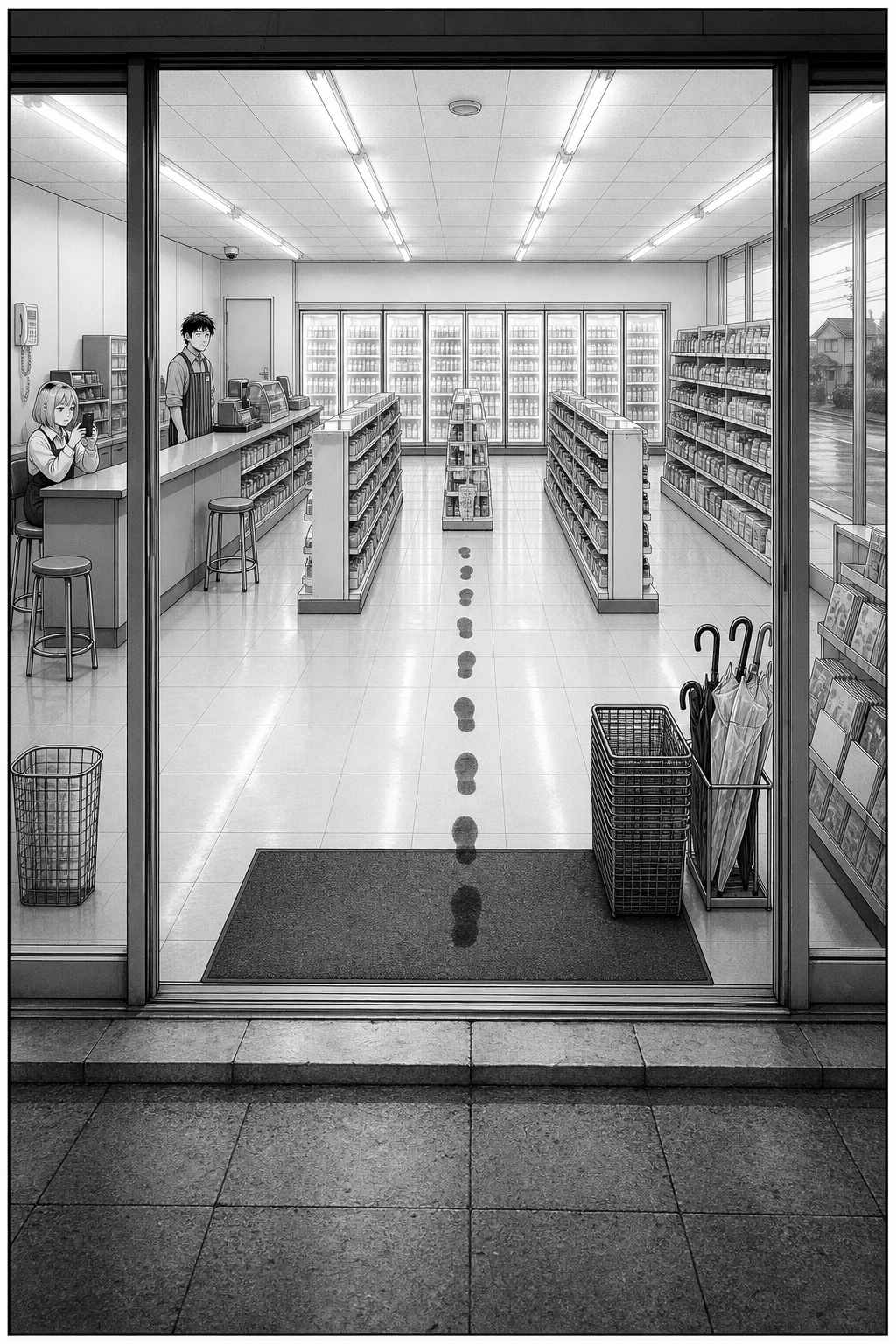 A silent full-page panel in morning daylight, the same view as page one, with a fresh line of wet footprints walking in from the doors and stopping halfway.