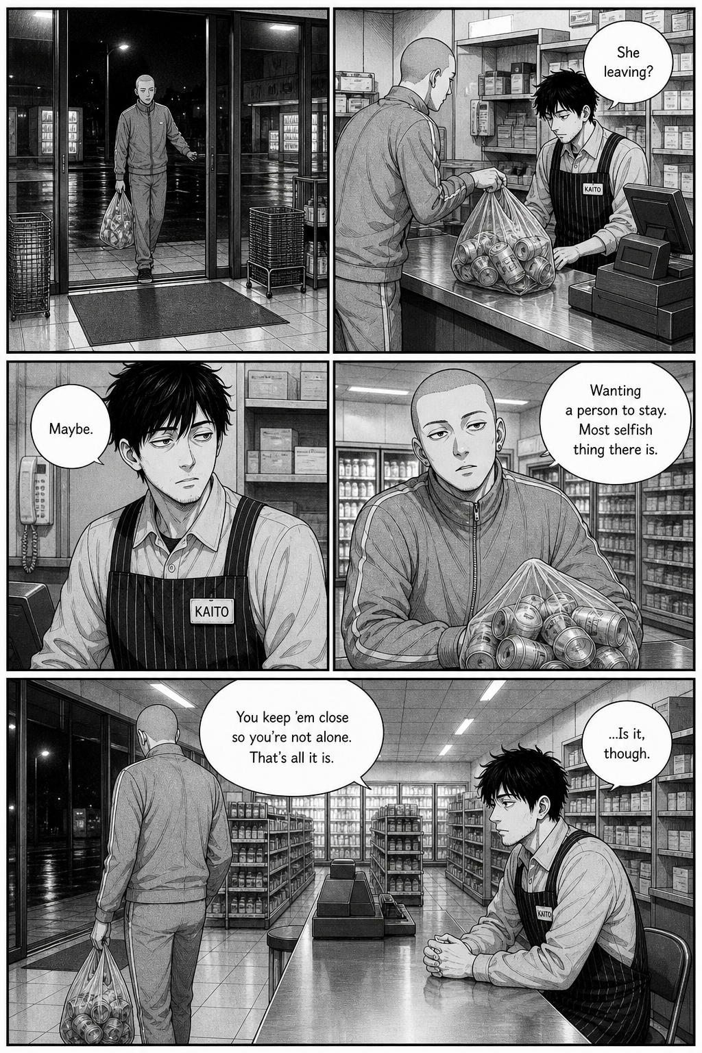 The tall shaven-headed tracksuit regular buys canned drinks and tells Kaito that wanting someone to stay is selfish.