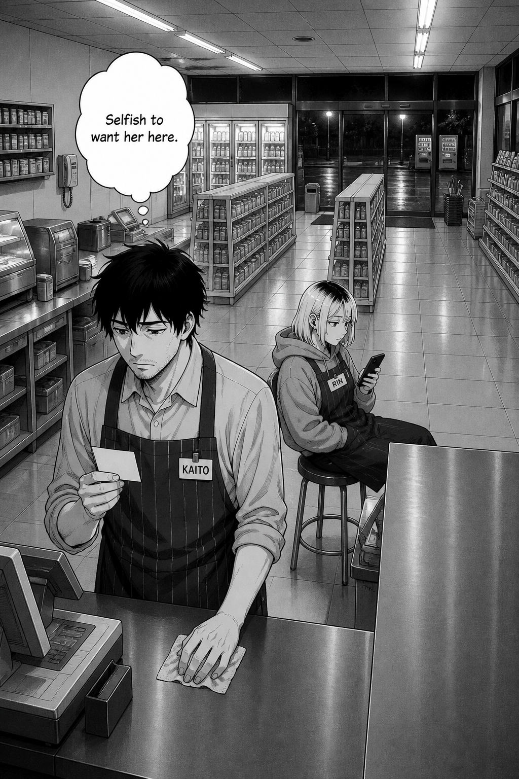 Single panel: Kaito alone at the counter turning the blank card over, a thought bubble reading 'Selfish to want her here,' Rin small in the background.