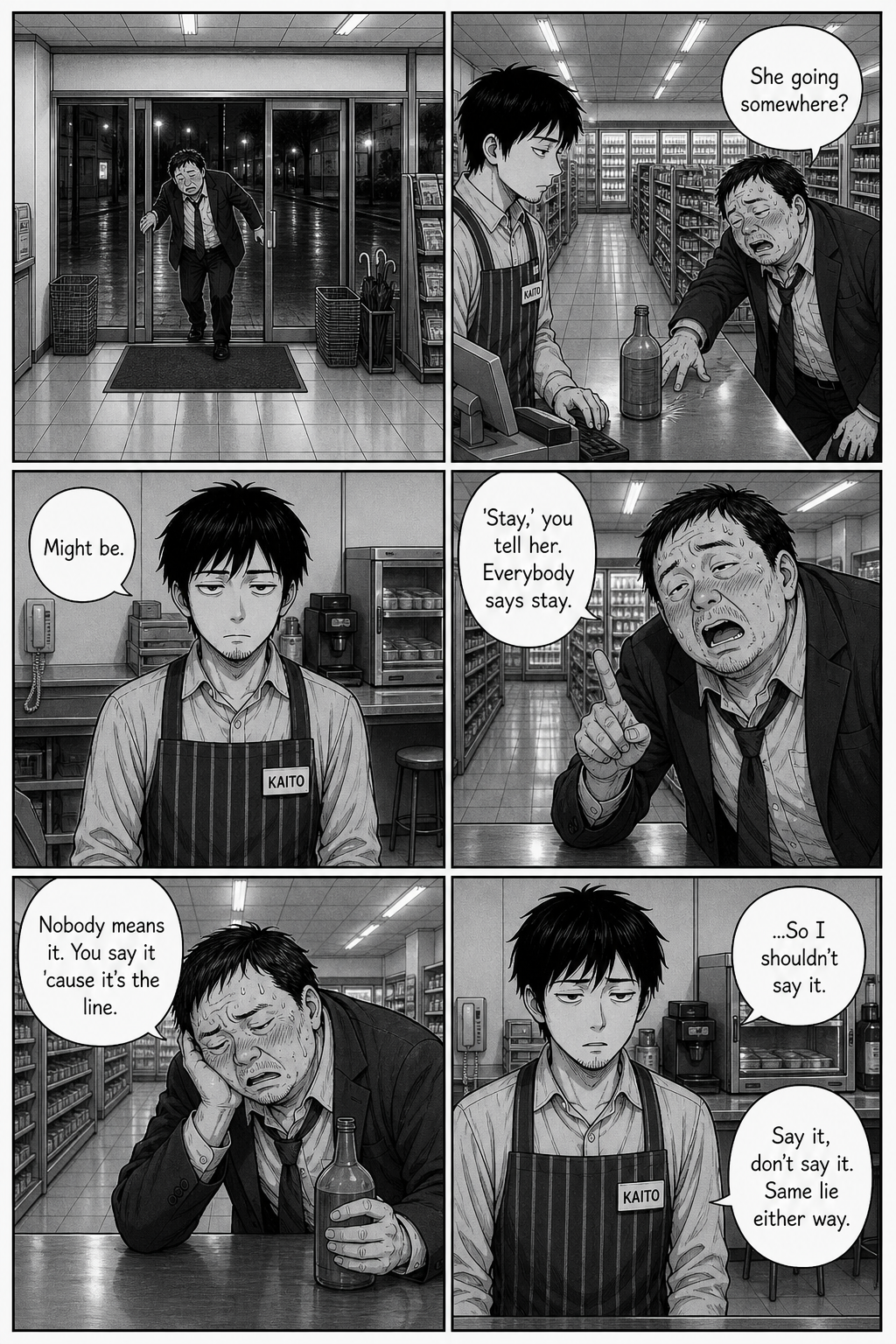 A flushed, rumpled drunk salaryman leans on the counter telling Kaito everyone says 'stay' and nobody means it.