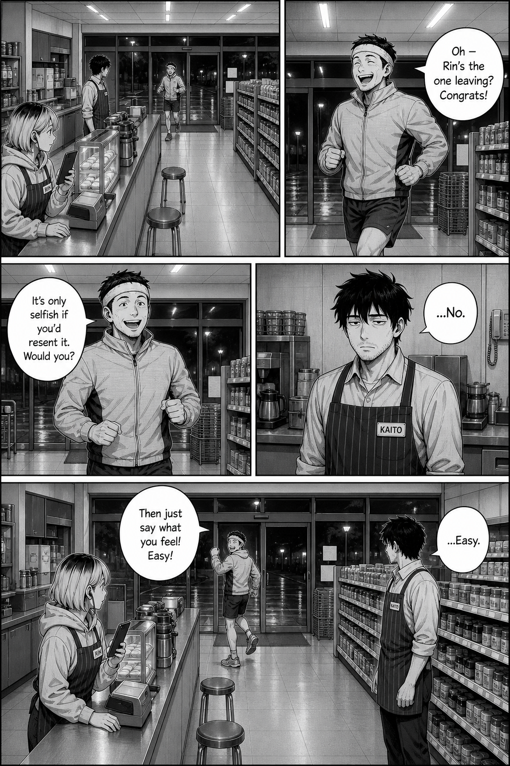 A cheerful jogger jogs in place at the counter, telling Kaito to just say what he feels.