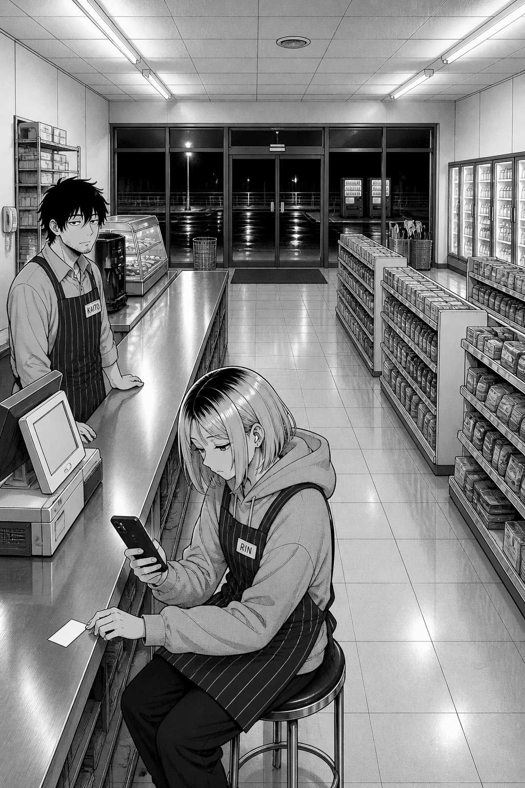 Single panel: Rin scrolls her phone at the counter beside the blank card while Kaito watches from the register; the street outside is dark and empty.