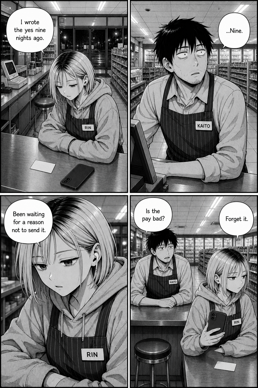 Four panels; Rin admits she wrote the yes nine nights ago and has been waiting for a reason not to send it, and Kaito misreads it as money.