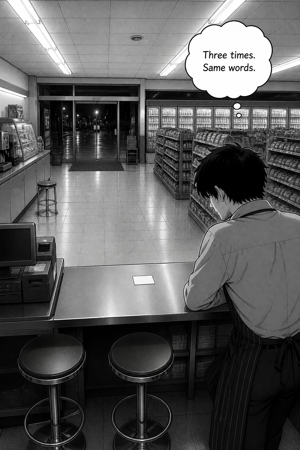 Single wide panel from behind Kaito at the counter; two stools and the blank card, with a thought bubble reading 'Three times. Same words.'