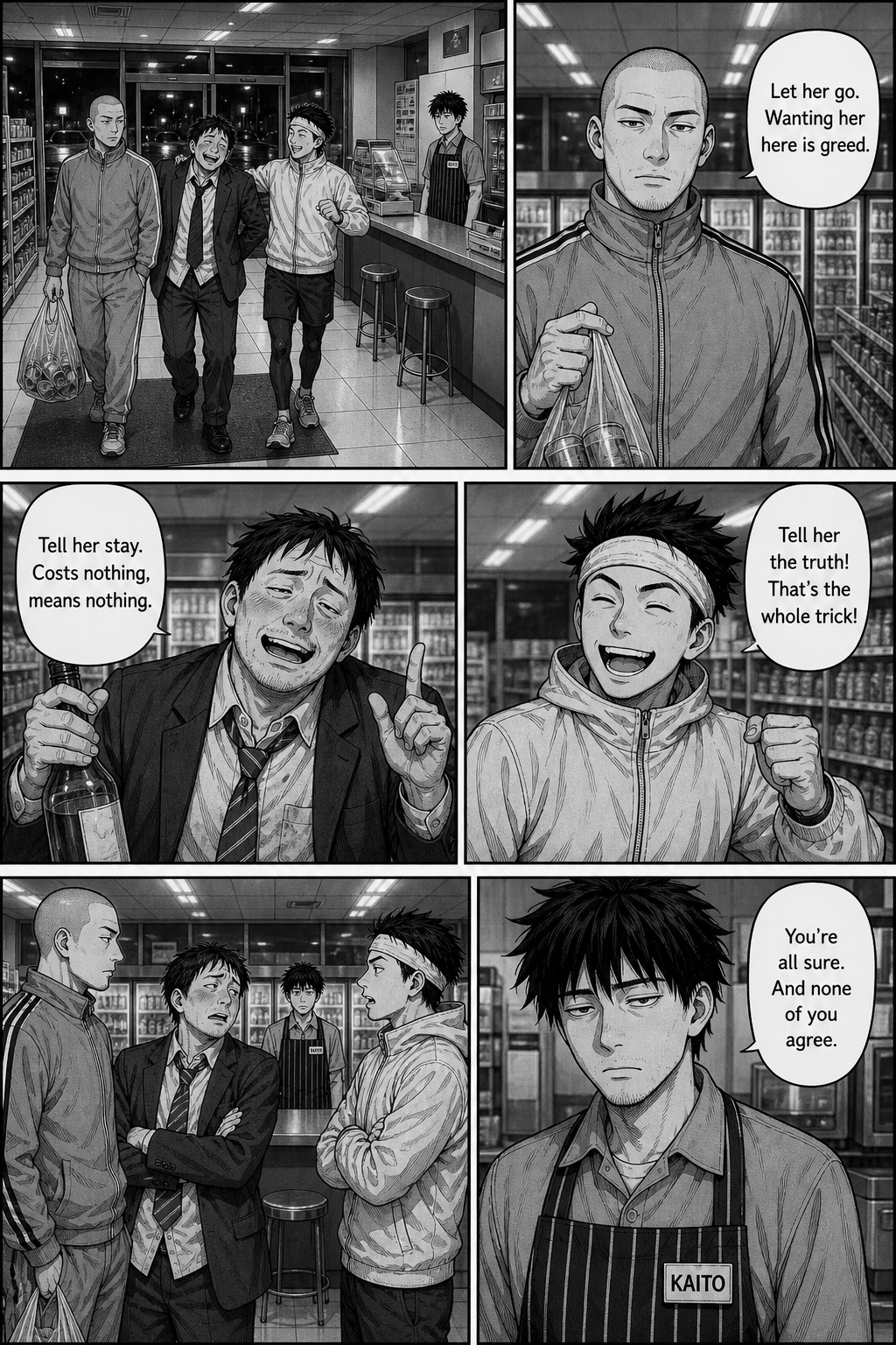 Six panels; the three night regulars each give a different verdict on whether wanting someone to stay is selfish, and none of them agree.