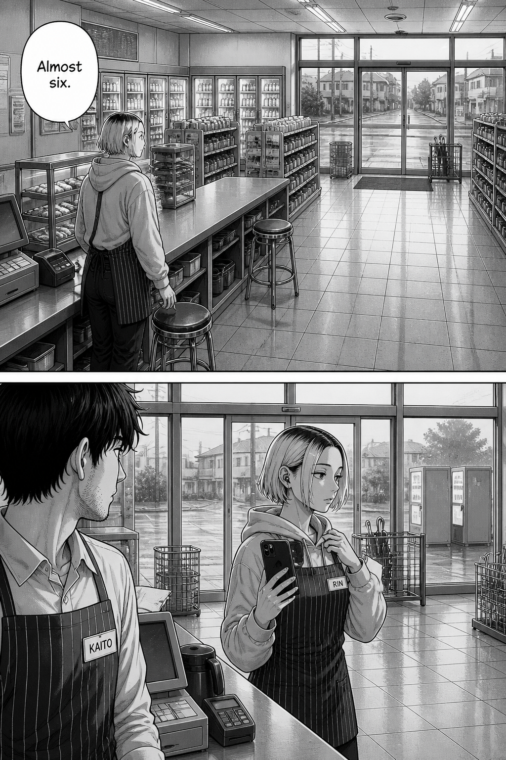 Two panels; grey dawn light fills the store, Rin stands and gathers her phone and the blank card and turns toward the doors.