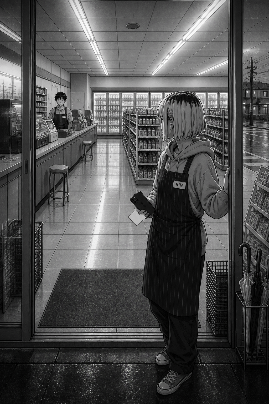 Splash panel: Rin stands in the open doorway at dawn, phone and blank card in hand, looking back across the store at Kaito far behind the counter.
