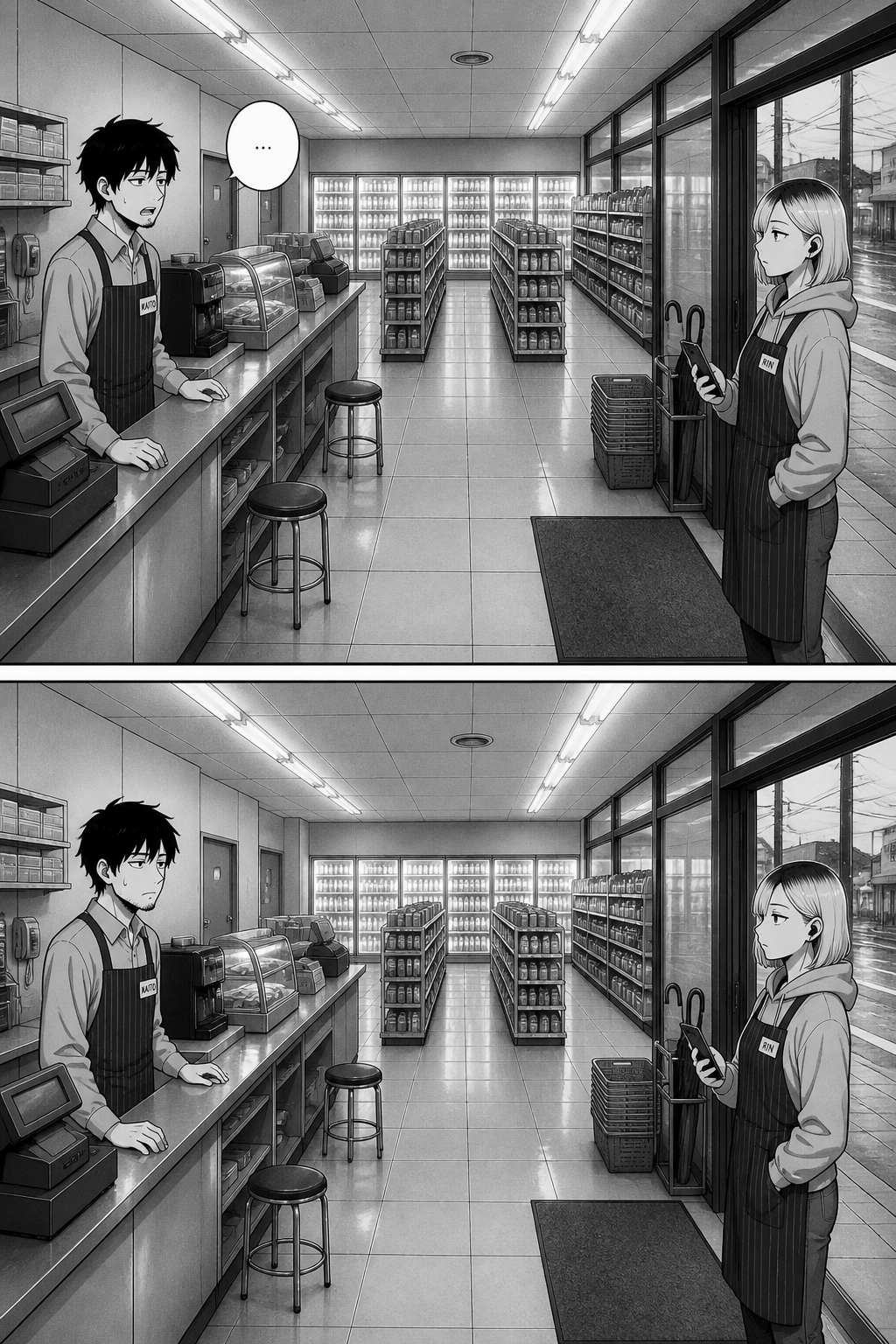 Two panels: Rin waits in the doorway; Kaito opens his mouth but only '...' comes out, and he says nothing.
