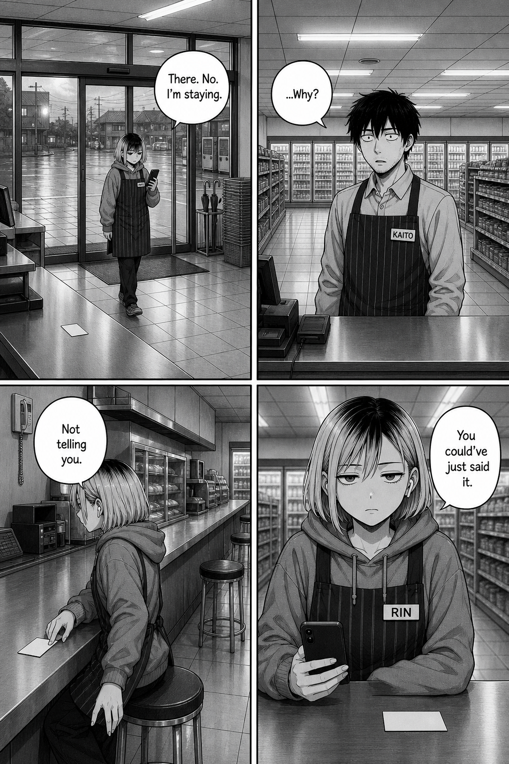 Four panels: Rin steps back in and says she's staying, refuses to explain, and finishes 'You could've just said it.'