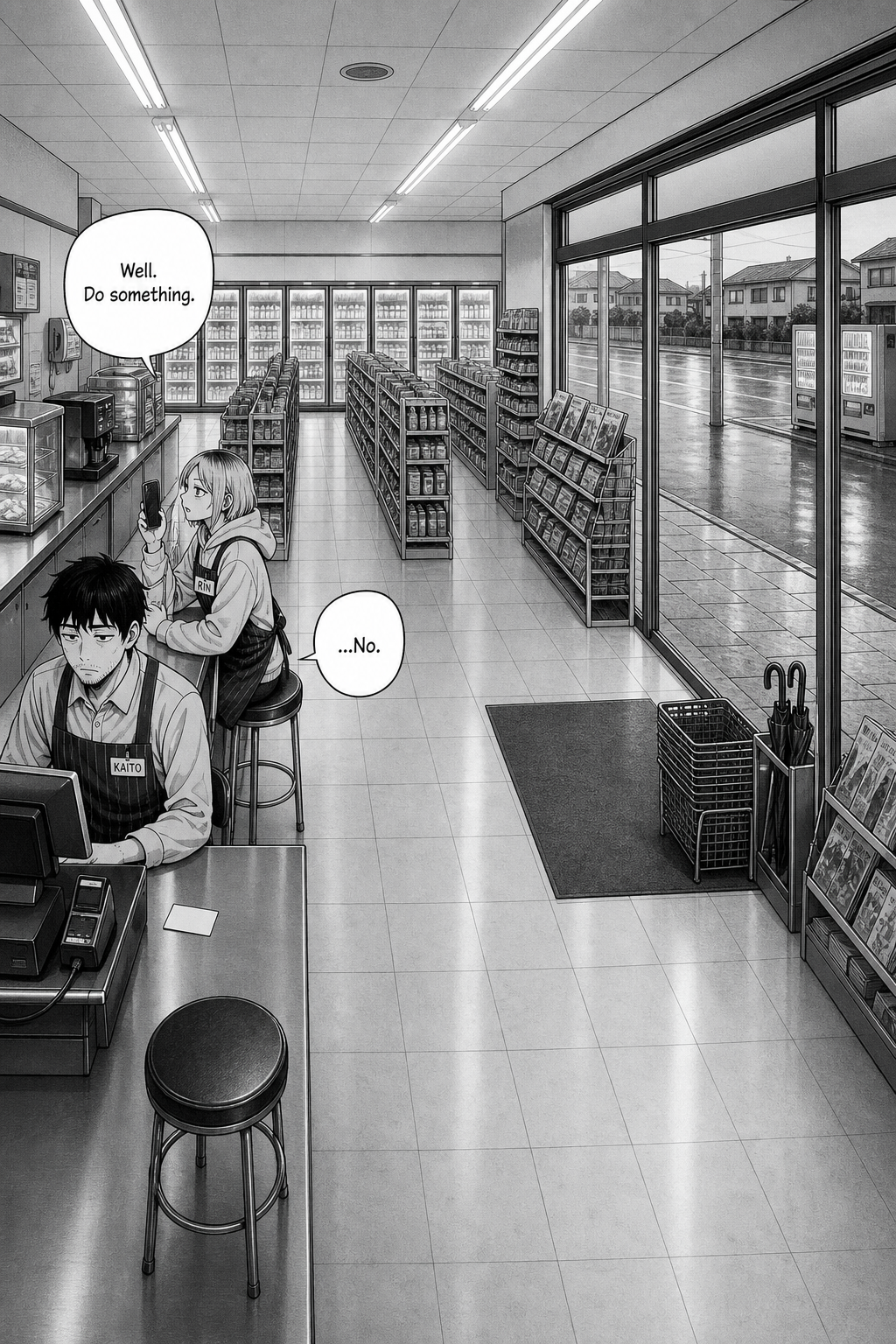Wide dawn view of the store; Rin is back on her stool filming Kaito with her raised phone as he works the register.